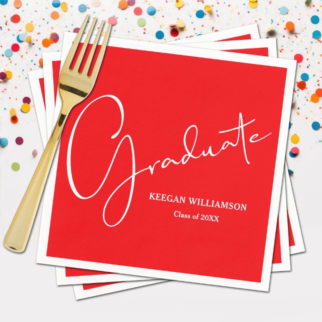 Modern Script Graduation Red Napkin (Modern white script on red  graduation party napkins, paper plates in our store)