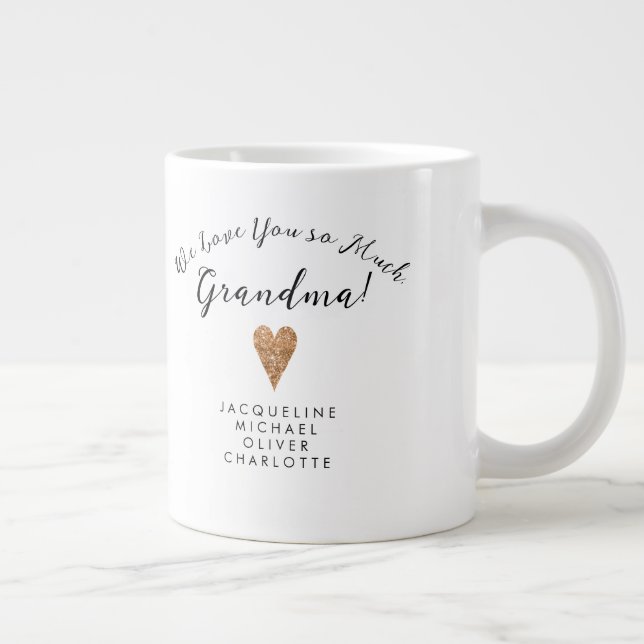 Modern Script Grandma Rose Gold Heart w Names Large Coffee Mug (Right)