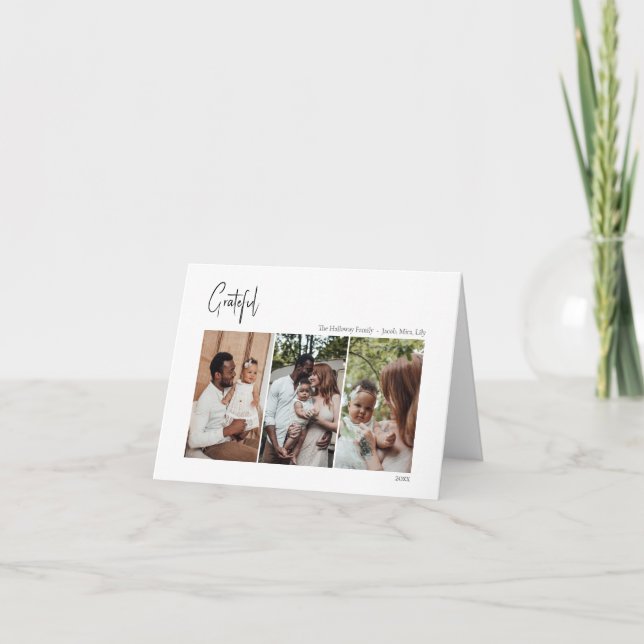 Modern Script Grateful Folded Three-Photo Holiday Card (Front)