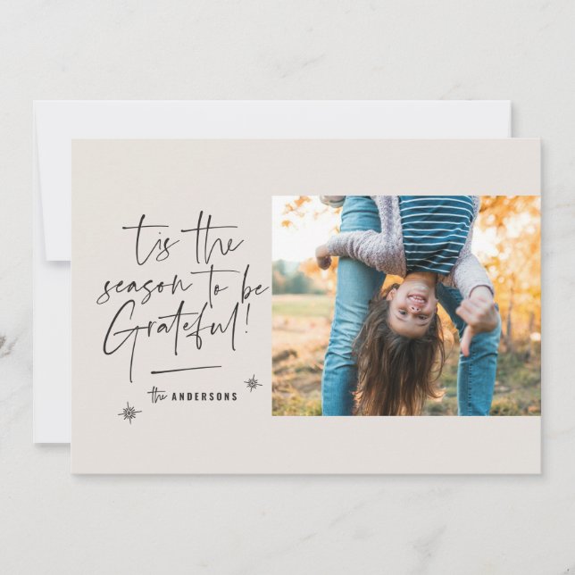 Modern script grateful photo holiday card (Front)