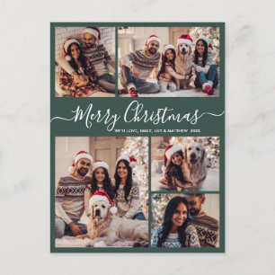 Modern Script Green 5 Photo Collage Christmas  Postcard