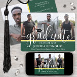 Modern Script Green and Gold 4 Photo Graduation Announcement<br><div class="desc">Share the joy of a high school or college graduation with custom 4 photo collage green and gold announcements. The pictures and all wording on this template are simple to personalize with any details of your choice, such as party invitation info, parents' names, special honours, degree title, favourite inspirational quote,...</div>