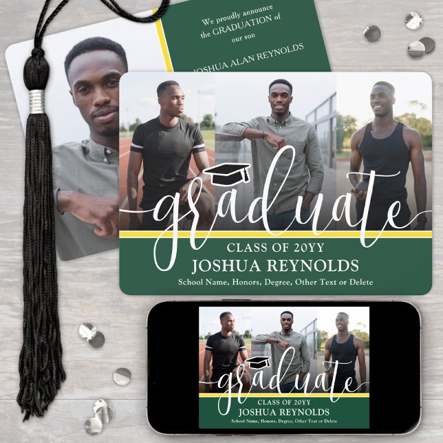 Modern Script Green and Gold 4 Photo Graduation Announcement (Creator Uploaded)