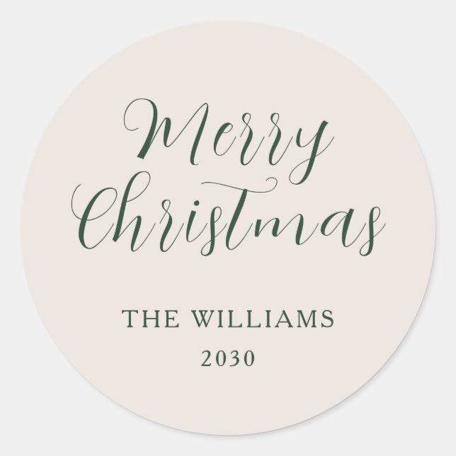 Modern Script Green Beige Merry Christmas Custom Classic Round Sticker (Front)
