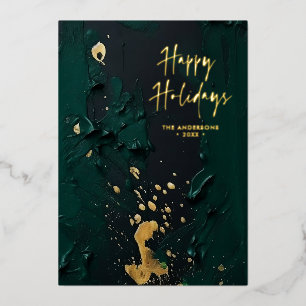 Modern Script Green Gold Abstract Paint Christmas Foil Holiday Card