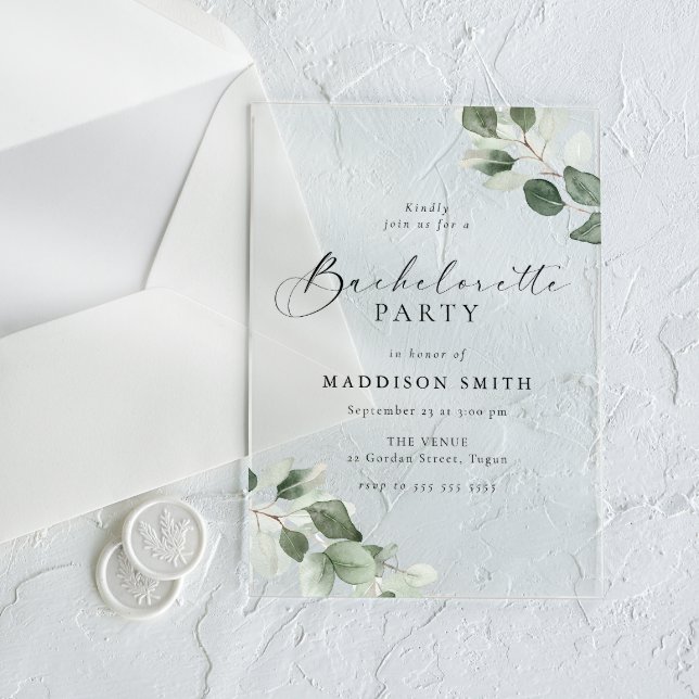 Modern Script Green Leaf Bachelorette Party Acrylic Invitations (Creator Uploaded)
