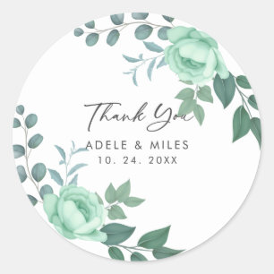  Modern Script Greenery Flowers Wedding Thank You Classic Round Sticker