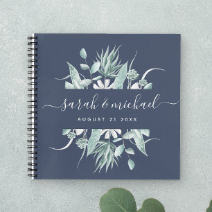 Modern Script Greenery Navy Blue  Wedding Guest Notebook