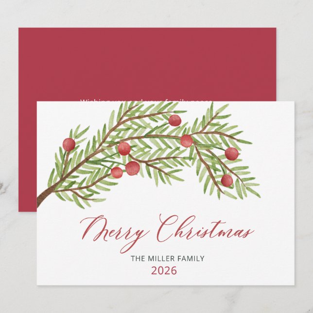 Modern Script Greenery Red Berries Christmas  Holiday Card (Front/Back)