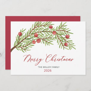 Modern Script Greenery Red Berries Christmas Holiday Card