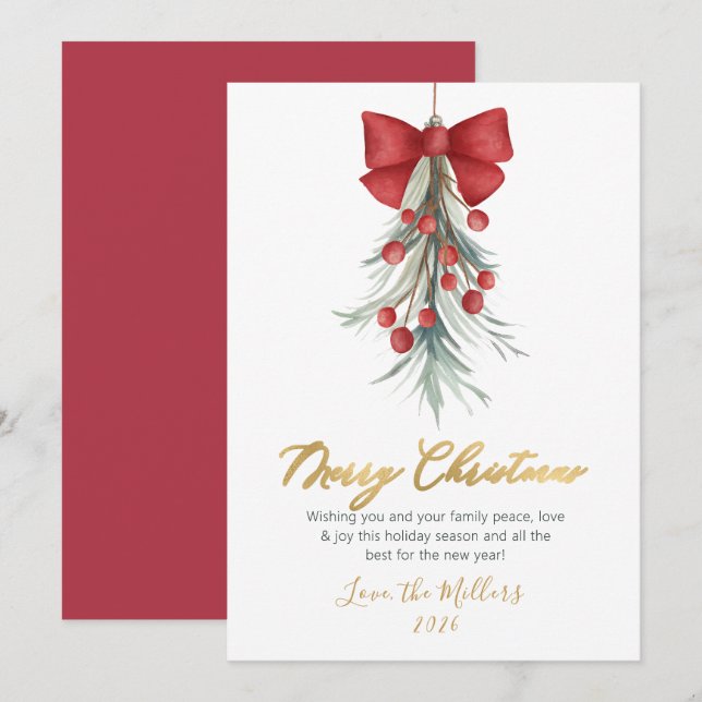 Modern Script Greenery Red Berries Christmas  Holiday Card (Front/Back)