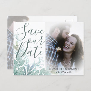 Modern Script Greenery Wedding Save the Date Announcement Postcard