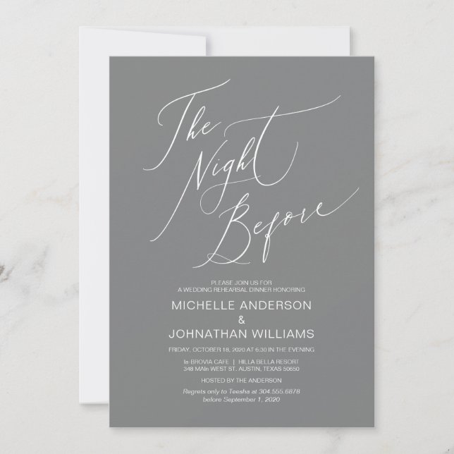Modern Script, Grey, Wedding Rehearsal Dinner Invitation (Front)