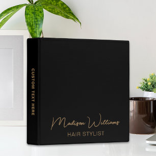 Modern Script Hair Stylist Black and Gold Business Binder