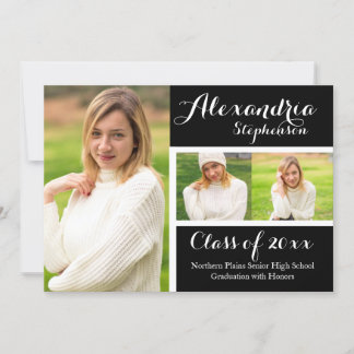 Modern Script Hand 3-Photo Graduation Announcement