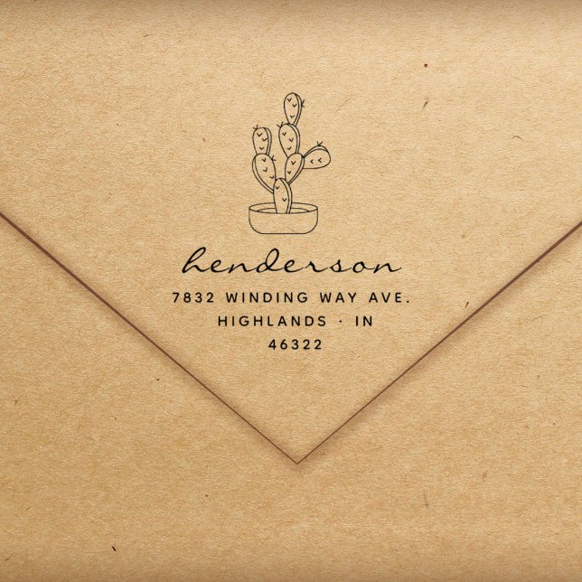 Modern Script Hand-drawn Cactus Return Address Rubber Stamp (Creator Uploaded)