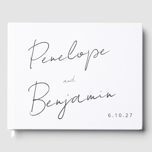 Modern Script Handwriting Black and White Wedding Guest Book (Front)