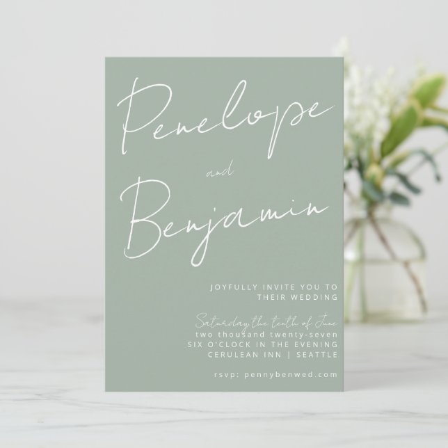 Modern Script Handwriting Dusty Sage Wedding Invitation (Standing Front)