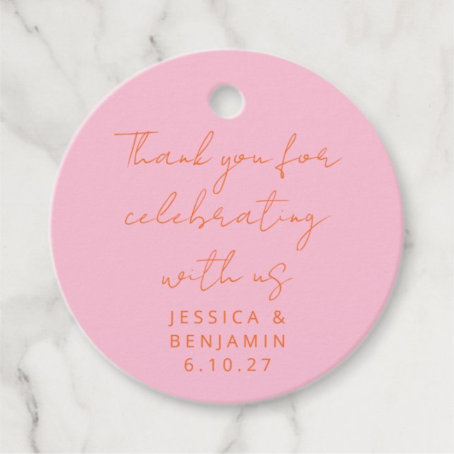 Modern Script Handwriting Pink and Orange Wedding Favour Tags (Front)