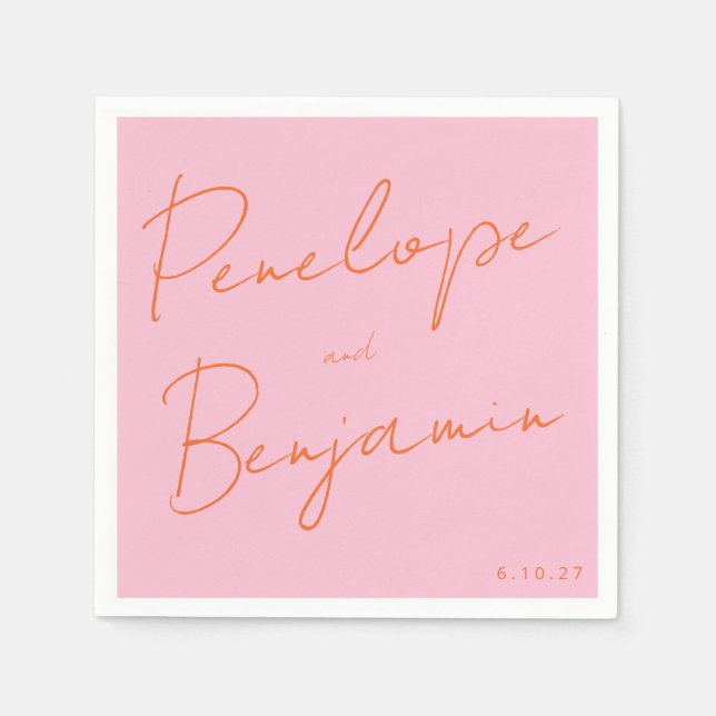 Modern Script Handwriting Pink and Orange Wedding Napkin (Front)