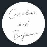 Modern Script Handwriting Wedding Boho White Classic Round Sticker<br><div class="desc">Modern Script Handwriting Wedding Boho Classic Round Sticker in White</div>