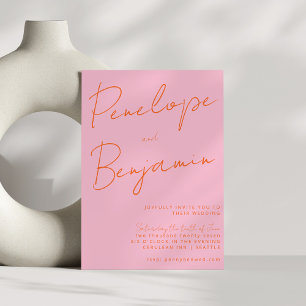 Modern Script Handwriting Wedding Pink Orange Invitation