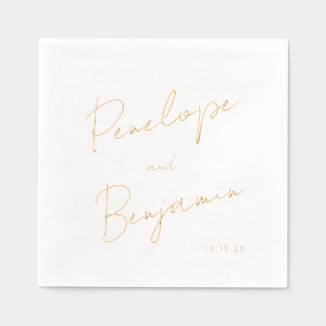 Modern Script Handwriting Wedding White and Gold Foil Napkins (Front)