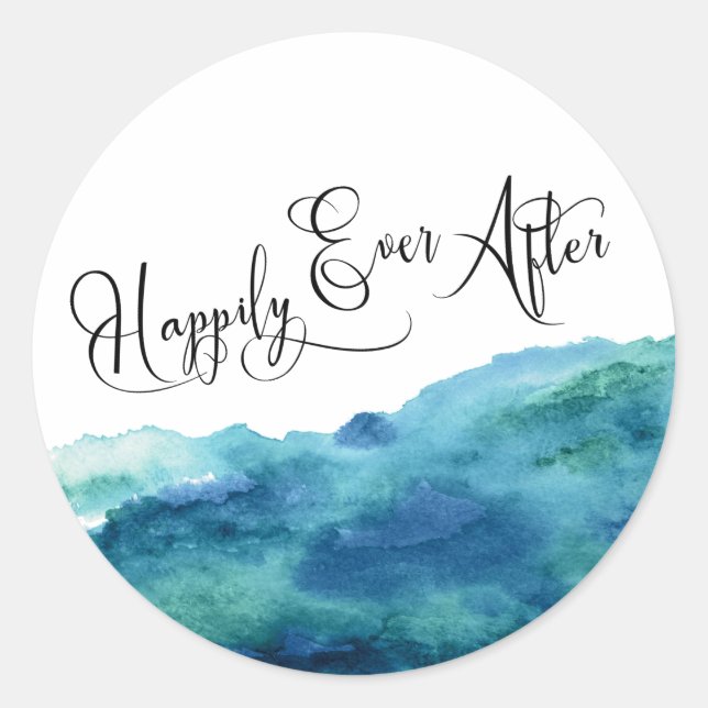 Modern Script Happily Ever After Blue Green Aqua Classic Round Sticker (Front)