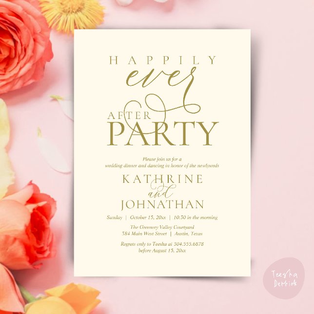 Modern Script Happily Ever After Party Elopement I Invitation (Modern Script Happily Ever After Dinner Party Elopement Invitation Card in Gold yellow cream)