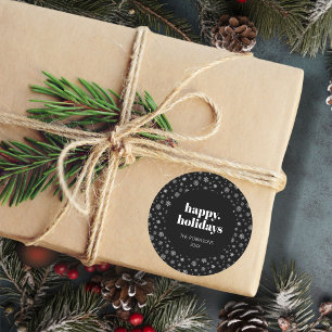 Modern Script Happy Holiday Christmas Black White Classic Round Sticker