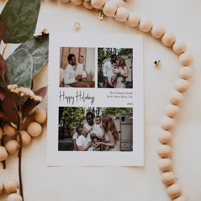 Modern Script Happy Holidays Centred Three-Photo Holiday Card (Creator Uploaded)
