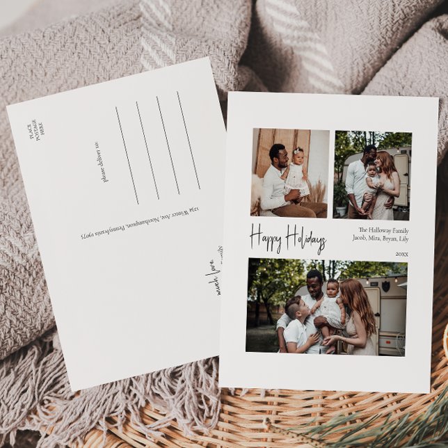 Modern Script Happy Holidays Centred Three-Photo  Holiday Postcard (Creator Uploaded)