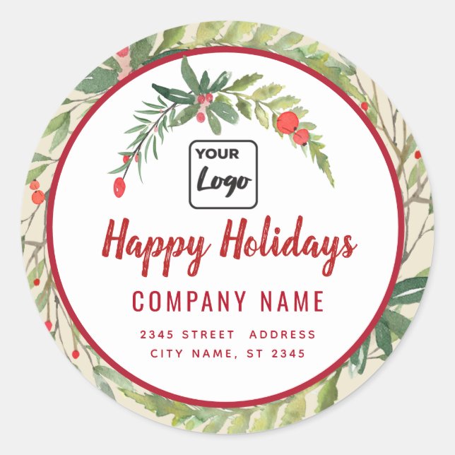 Modern script Happy Holidays red holly logo  Classic Round Sticker (Front)