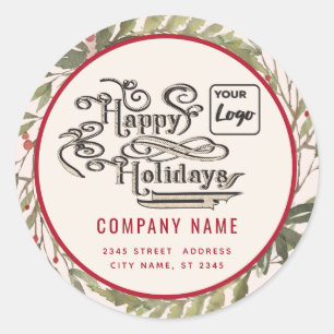 Modern script Happy Holidays red holly logo Classic Round Sticker