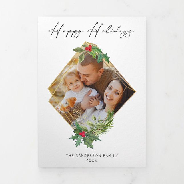 Modern Script Happy Holidays w/Gold Frame Photo Tri-Fold Card (Cover)