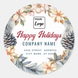 Modern script Happy Holidays wreath logo  Classic Round Sticker