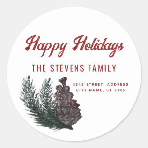 Modern script Happy Holiidays pine cone branch Classic Round Sticker