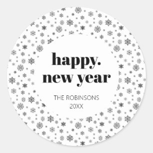 Modern Script Happy New Year Holiday Black White Classic Round Sticker