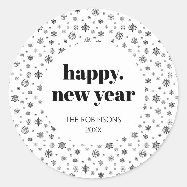 Modern Script Happy New Year Holiday Black White Classic Round Sticker (Front)