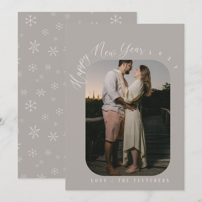 Modern Script Happy New Year Photo  Holiday Card (Front/Back)