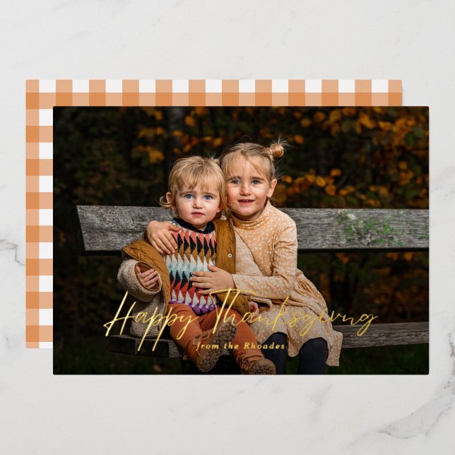 Modern Script Happy Thanksgiving Photo  Foil Holiday Card (Front/Back)