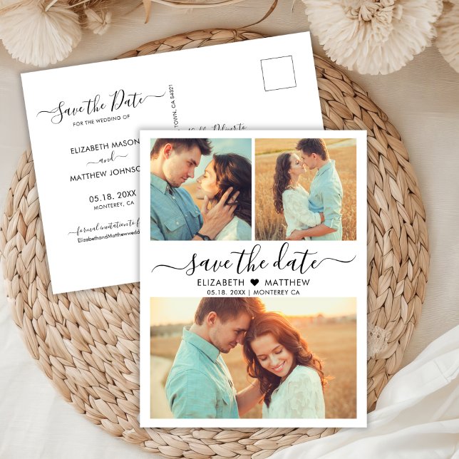 Modern Script Heart 3 Photo Collage Save The Date Announcement Postcard (Creator Uploaded)