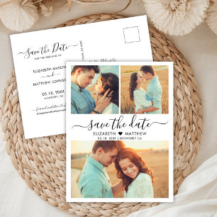 Modern Script Heart 3 Photo Collage Save The Date Announcement Postcard