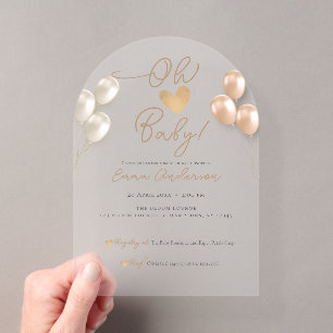 Modern Script Heart Balloons Neutral Baby Shower Acrylic Invitations