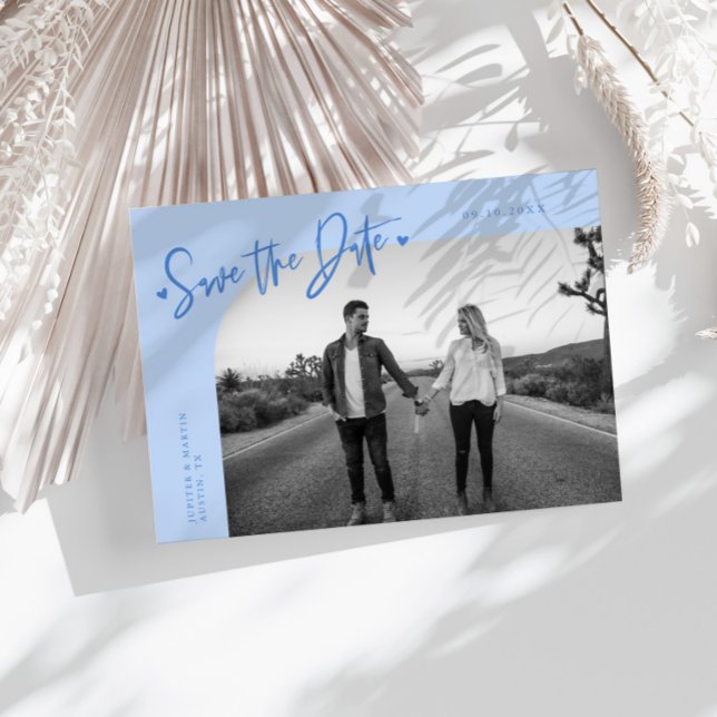 Modern Script Heart Icy Blue Curved Frame Photo Save The Date (Creator Uploaded)