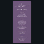Modern Script Heart Mauve Purple Wedding Menu Card<br><div class="desc">Minimalist Elegant Simple Typography Heart Mauve Purple Wedding Menu Card is perfect for a modern minimal wedding. Design featuring black hand lettered typography/calligraphy, little love heart motif between couple's name in white on mauve, dusty purple or lavender colour background with a simple clean look. This menu can be used for...</div>