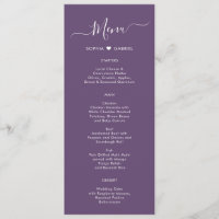 Modern Script Heart Mauve Purple Wedding Menu Card