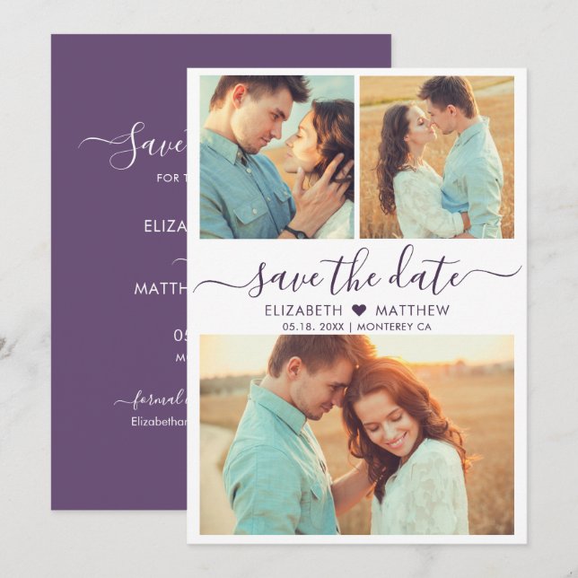 Modern Script Heart Photo Collage Purple Wedding Save The Date (Front/Back)