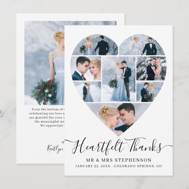 Modern Script Heart Photo Collage Wedding Thank You Card (Front/Back)