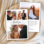 Modern Script Heart Photo Wedding Thank You Card<br><div class="desc">Elegant Chic Modern Calligraphy Script 3 Photo Collage Wedding Thank You Card. Stylish wedding thank you card template featuring three (3) photo on the front and one (1) photo on the back side. With the "Thank You" text in a swirly hand lettered calligraphy or typography swash tail font script in...</div>